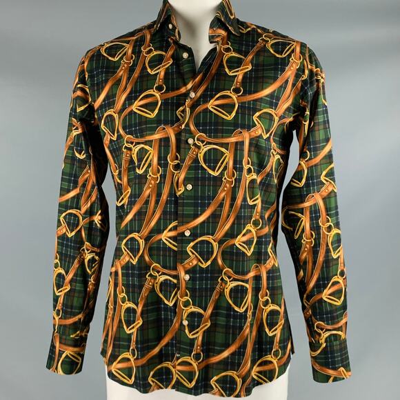 PHINEAS COLE Size L Olive Brown Plaid Equestrian Cotton Long Sleeve Shirt - Picture 1 of 7